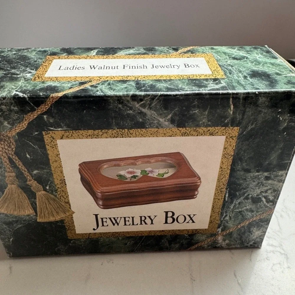 Vintage Kmart Walnut Finish Jewelry Box Stained Glass Double Heart Floral Lid
